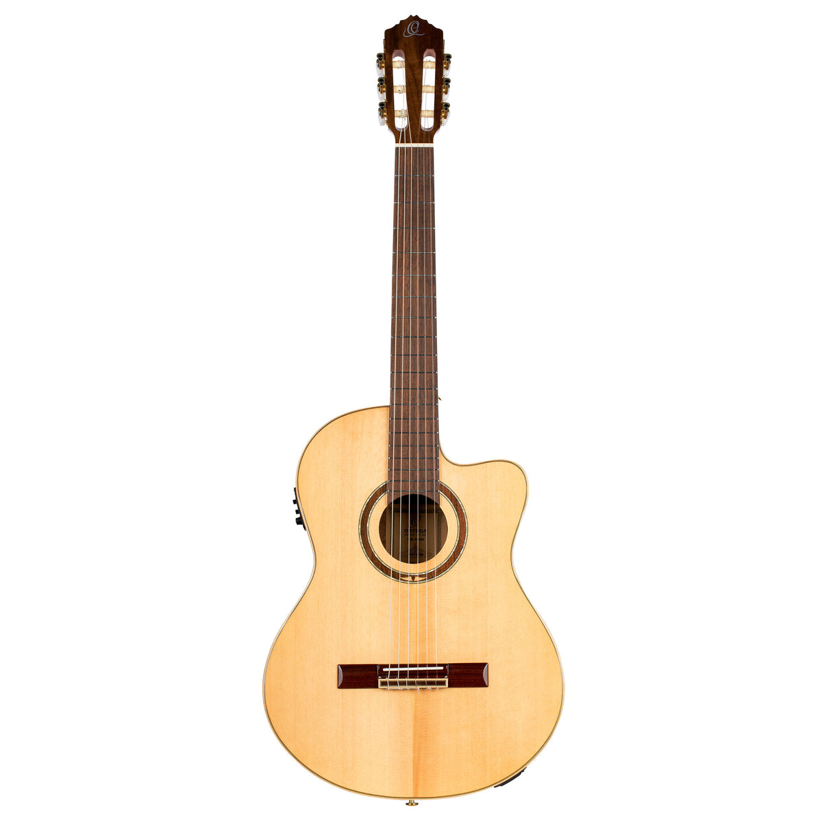 RCE138SN, modèle Slim Neck, pan coupé, EQ MagusPro, table épicéa massif, f/e sapele, manche acajou (sillet 48 mm), housse