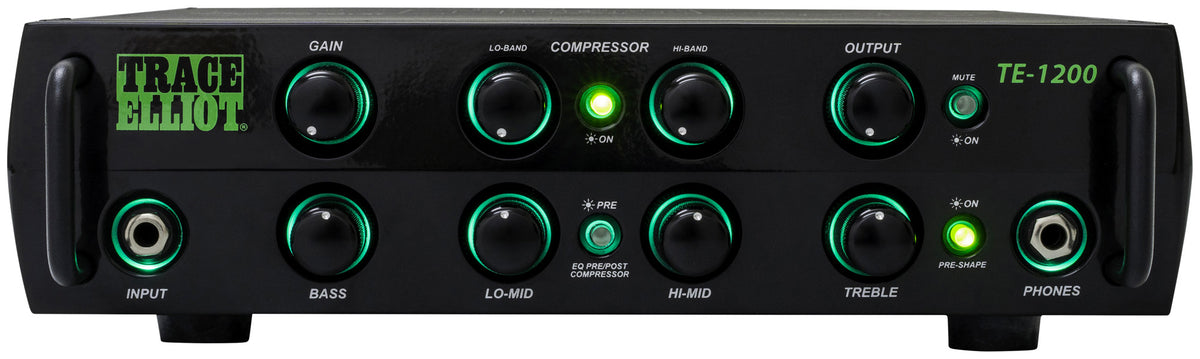 Tête amplifiée pour basse 1200W RMS, EQ 4 bandes, compresseur 2 bandes, 2 sorties jack, sortie DI, sortie casque, finition noir