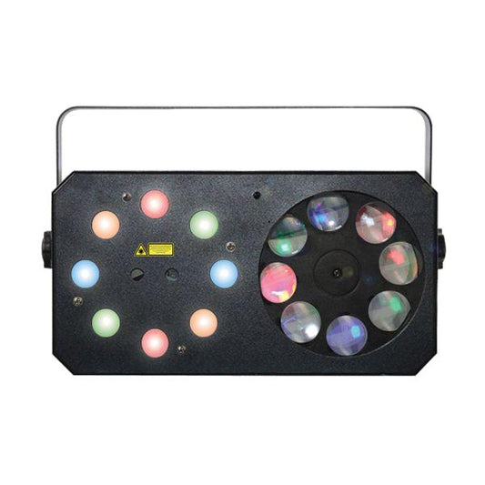 Power Lighting METEOR V Jeux de lumière 3-en-1 : Wash, Gobos Moonflower, Laser multipoints Rouge et Vert